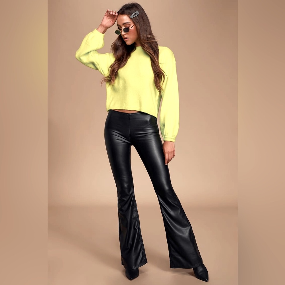 067. Free People Penny Black Vegan Leather Flared Pants NWOT